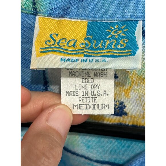 Vintage Sea Suns Sheer Button Down Blouse Blue Artistic Trim Sz PM Made In USA - Picture 5 of 10